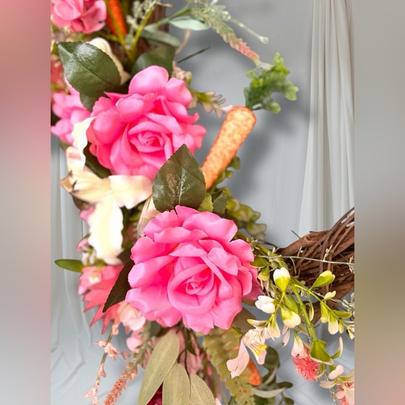 Spring Floral Grapevine Wreath Pink Rose Peony Lily Garden Front Door Decor 22” - Picture 3 of 3